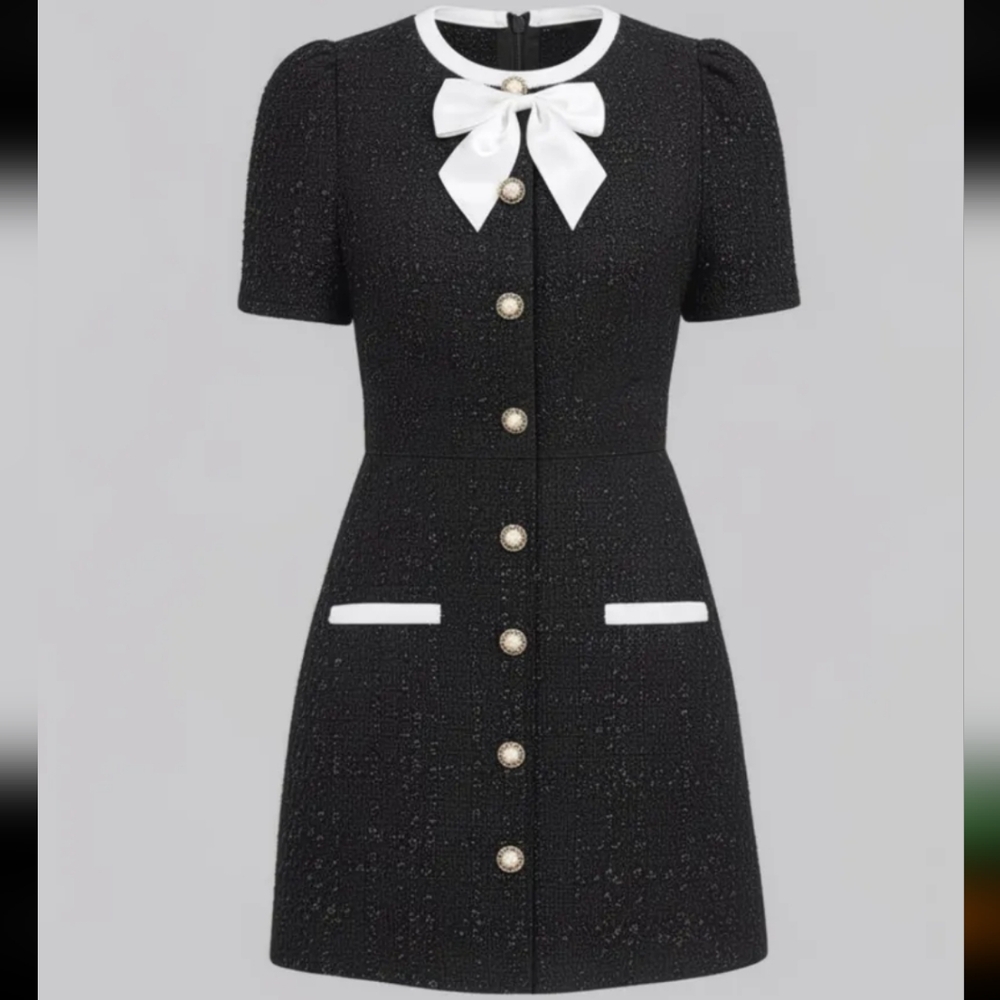 Elegant Black and White Dress with Bow Detail